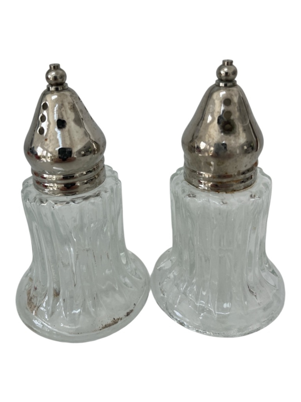 Vintage Leonard Flared Glass Salt & Pepper Shakers with Silver Tone Caps
